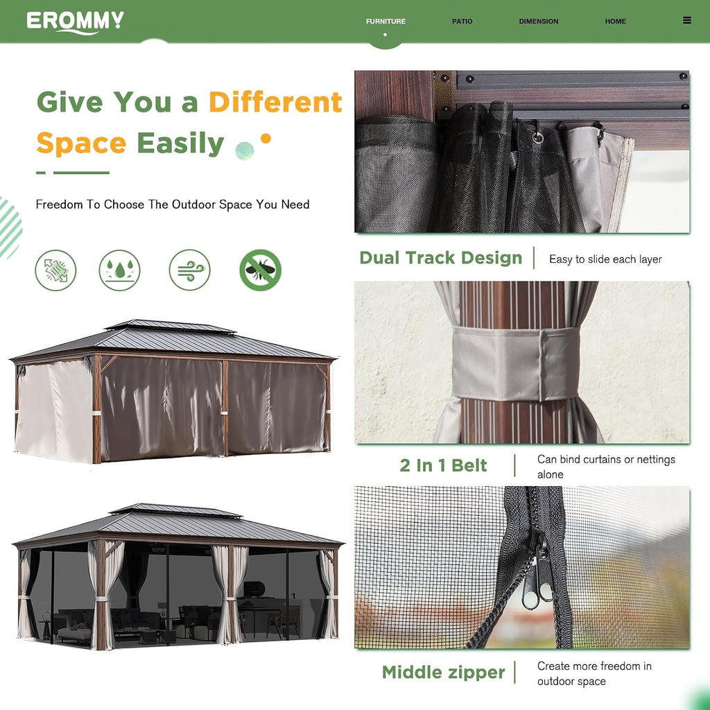 EROMMY 14'x20' Hardtop Gazebo, Wooden Finish Coated Aluminum Frame Outdoor Gazebo with Double Galvanized Steel Roof, Permanent Metal Pavilion with Curtains and Nettings for Patio, Garden, Backyard
