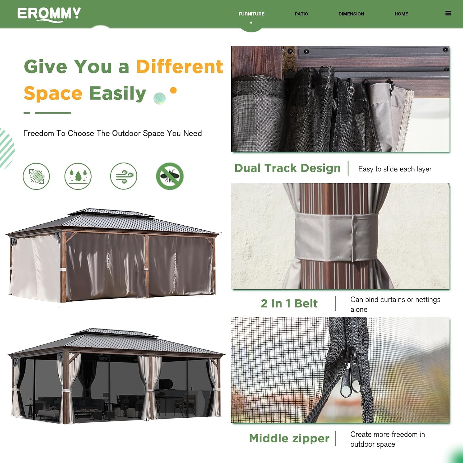 EROMMY 14'x20' Hardtop Gazebo, Wooden Finish Coated Aluminum Frame Outdoor Gazebo with Double Galvanized Steel Roof, Permanent Metal Pavilion with Curtains and Nettings for Patio, Garden, Backyard