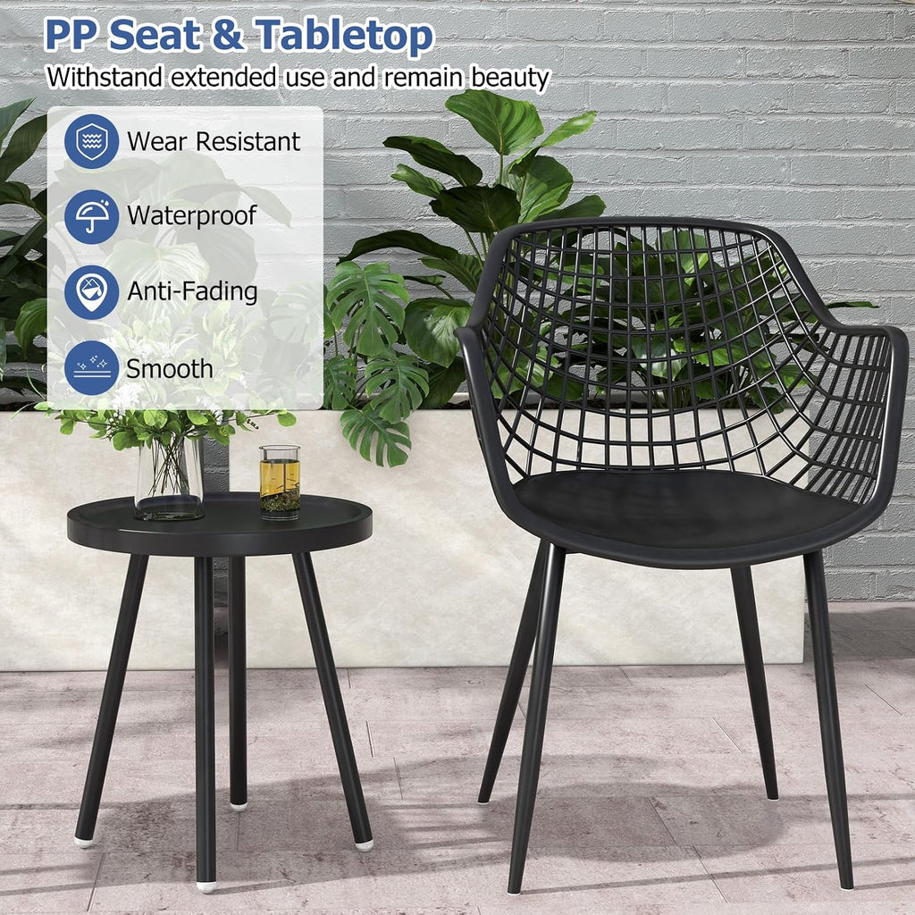 Giantex 3 Piece Patio Furniture Set, Outdoor Bistro Table and Chairs Set of 2, PP Seat & Metal Legs, Small Conversation Set for Balcony Front Porch Deck Backyard Lawn (Black)