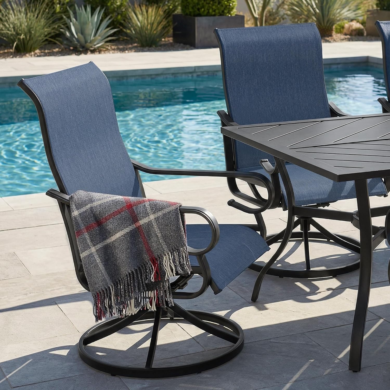 NUU GARDEN 7-Piece Outdoor Dining Set, Outdoor Table and Chair Set with Umbrella Hole, Breathable Textilene Dining Table Set, All Weather Outdoor Table and Chairs for 6, Swivel Design, Blue
