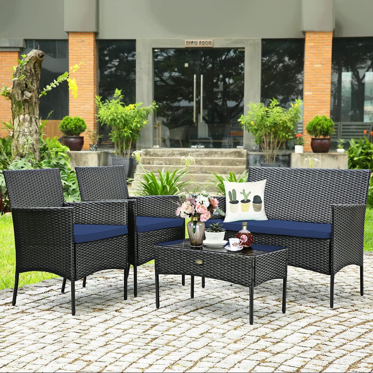 Tangkula 8 Piece Patio Furniture Set, Outdoor Wicker Conversation Set with Tempered Glass Coffee Table, Rattan Loveseat & Chairs Set with Seat Cushions for Backyard, Garden, Poolside (2, Navy)