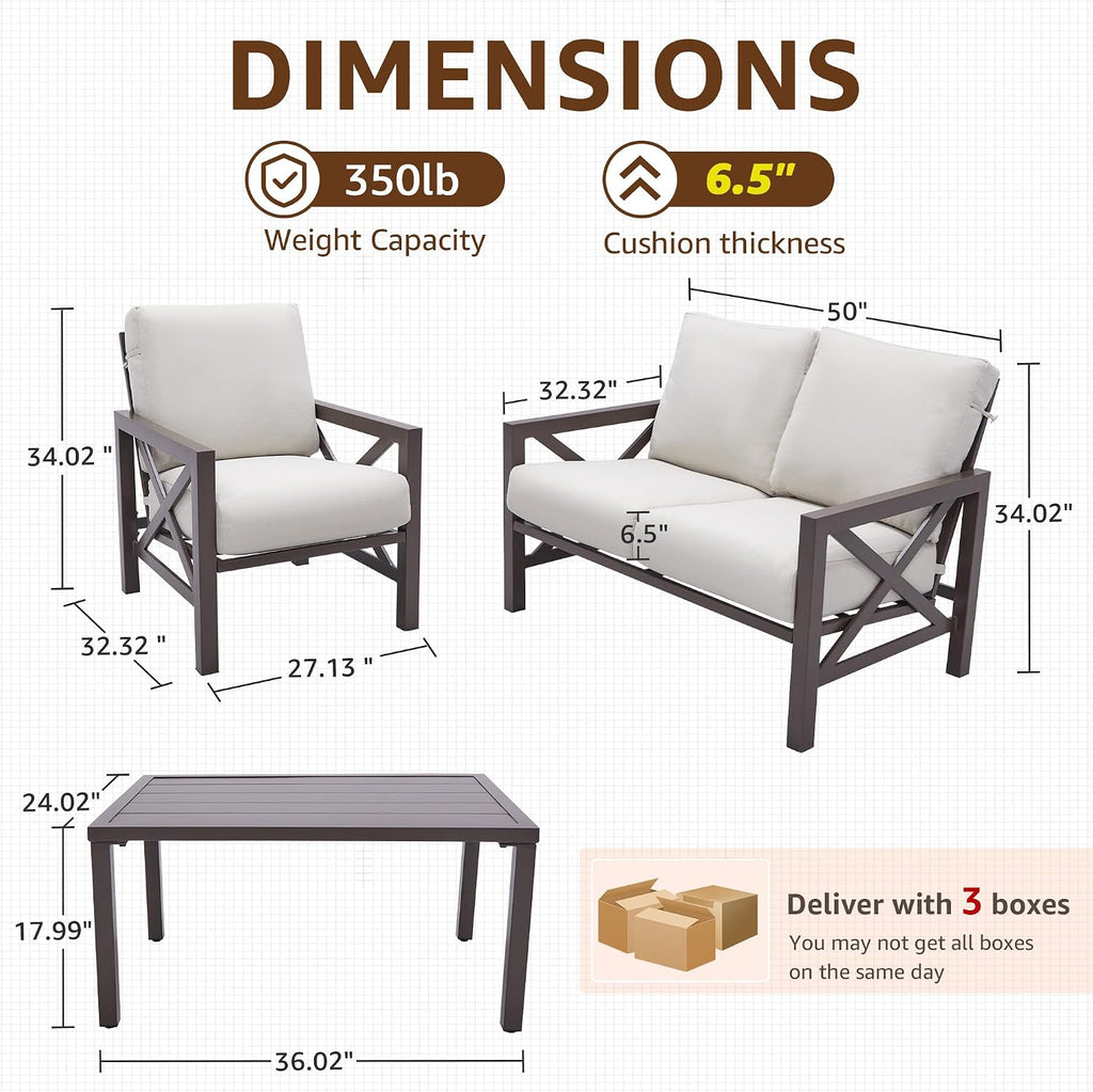 NATURAL EXPRESSIONS 4 Pieces Patio Furniture Sets,Outdoor Sectional Metal Furniture Conversation Set with Loveseat Chair,2 Single Chairs 1 Metal Table,6.5' Beige Cushions for Yard,Garden