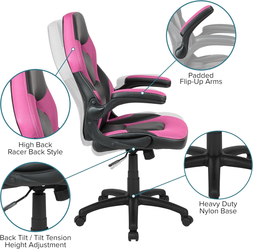 Flash Furniture Gaming Desk and Pink/Black Racing Chair Set/Cup Holder/Headphone Hook/Removable Mouse Pad Top - 2 Wire Management Holes