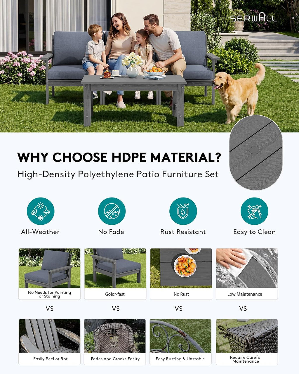 SERWALL HDPE Patio Sofa Set, 4-piece Sectional Outdoor Furniture Set, All Weather Outdoor Couch Set Patio Furniture Set for Deck, Lawn, Grey Frame with Grey Cushion