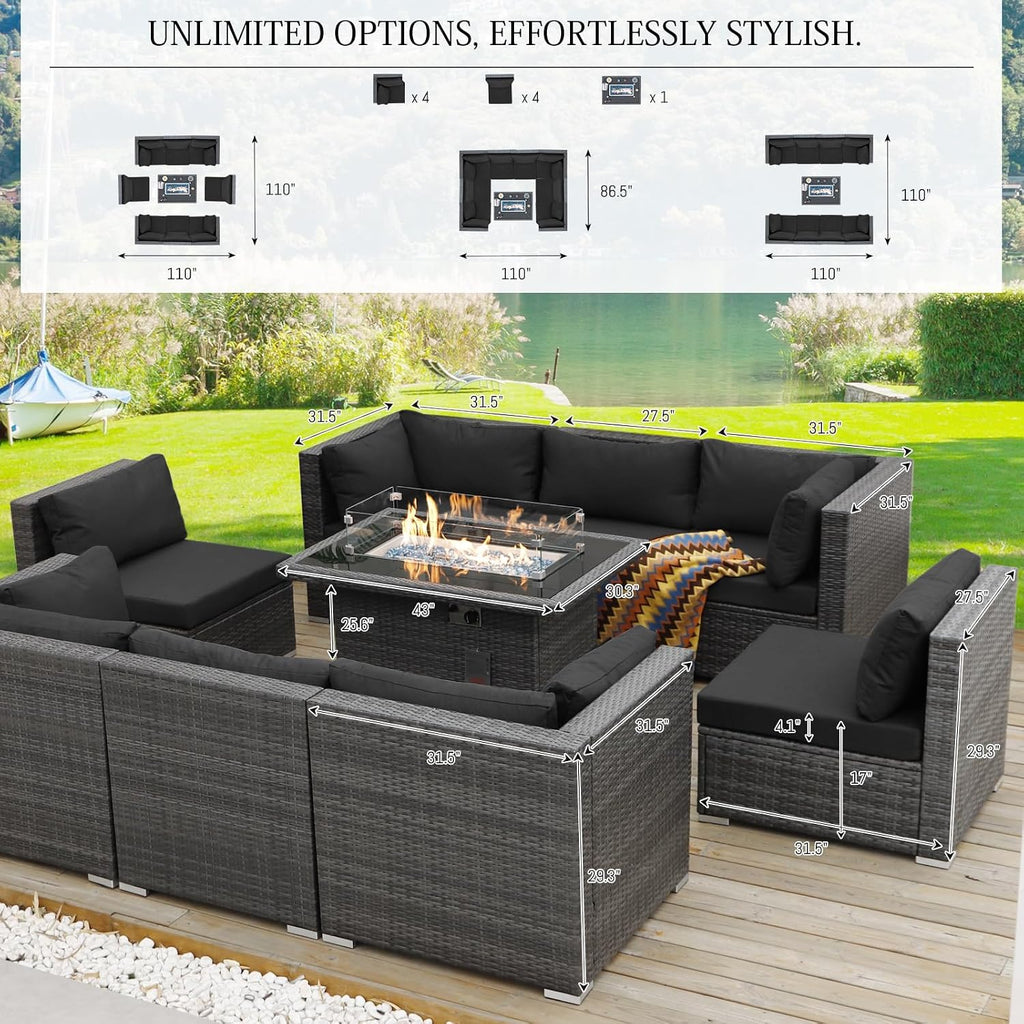 BULEXYARD 9 Piece High Back Outdoor Sectional Seating with Fire Pit Table, Heavy Duty Sturdy Wicker Patio Set Conversation Couch Sofa, Extra Wide Deep Large 8-Person Deck Furniture Set, Grey & Black
