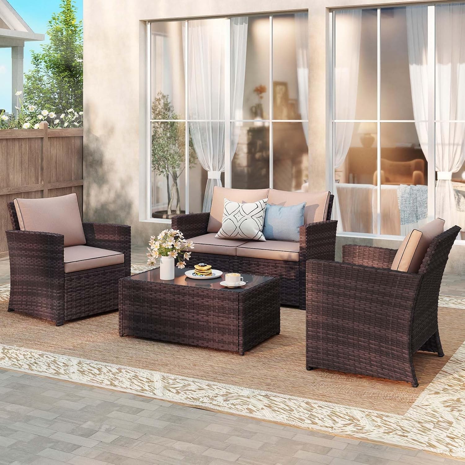 JOIVI Patio Furniture Set, 4 Piece Outdoor Patio Conversation Set, All-Weather PE Rattan Wicker Sectional Patio Sofa Set with Tempered Glass Coffee Table, Brown
