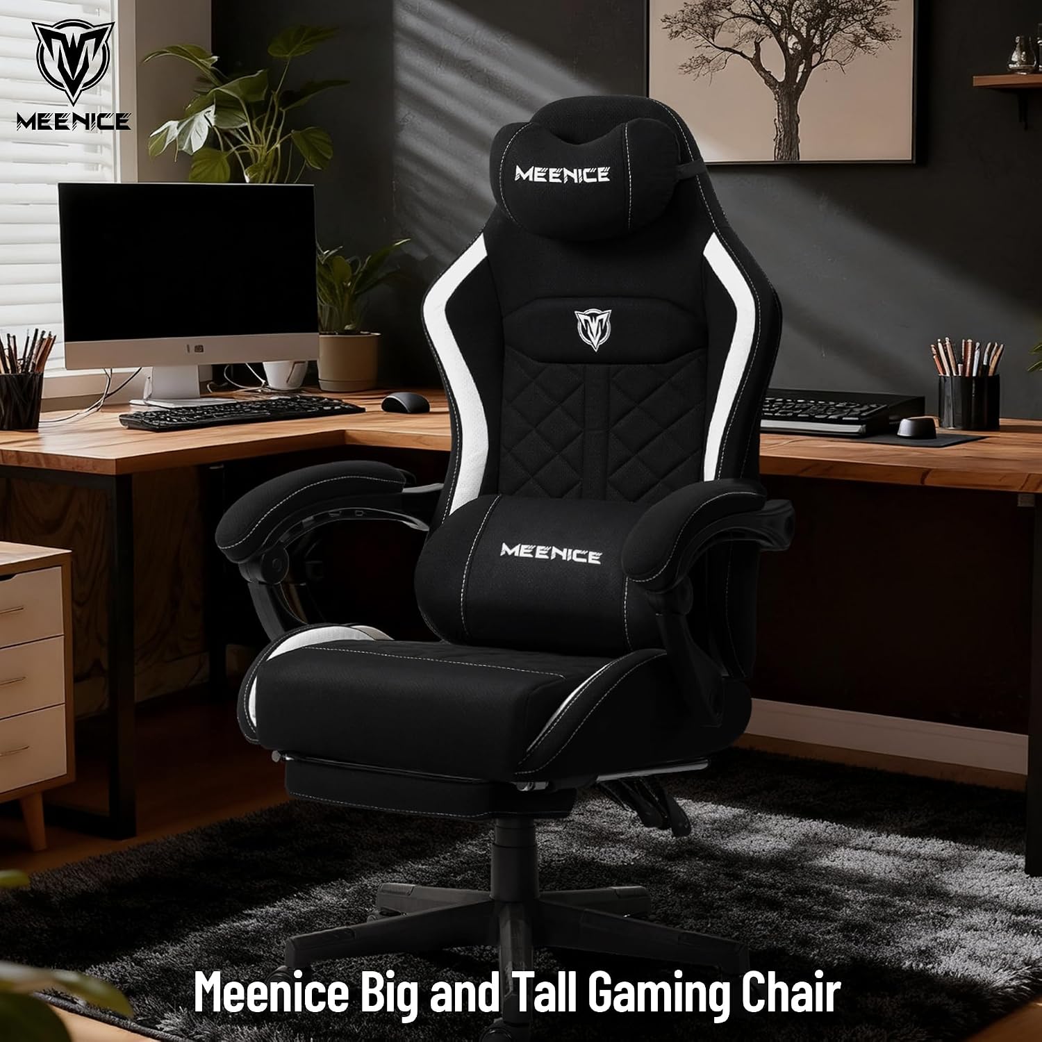Big and Tall Gaming Chair Fabric with Pocket Spring Cushion, High Back Heavy Duty Gaming Chairs for Adults with Massage Lumbar Support, Ergonomic Computer Chair with Footrest for 400LBS Black