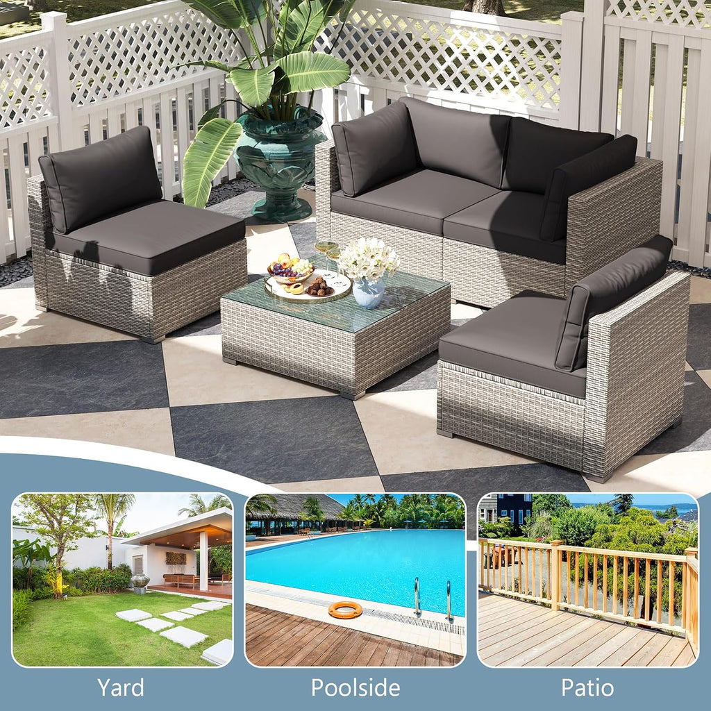 Tangkula 10-Piece Outdoor Patio Sectional Sofa Couch, PE Rattan Conversation Set w/Glass Coffee Table & Cushions, Outdoor Furniture Set w/Sturdy Metal Frame for Garden Poolside Backyard