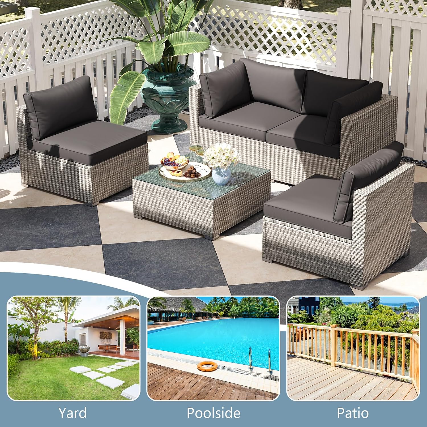 Tangkula 10-Piece Outdoor Patio Sectional Sofa Couch, PE Rattan Conversation Set w/Glass Coffee Table & Cushions, Outdoor Furniture Set w/Sturdy Metal Frame for Garden Poolside Backyard