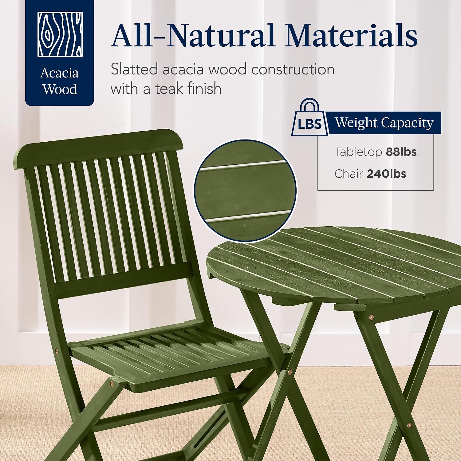 Best Choice Products 3-Piece Acacia Wood Bistro Set, Folding Patio Furniture for Backyard, Balcony, Deck w/ 2 Chairs, Round Coffee Table, Teak Finish - Olive