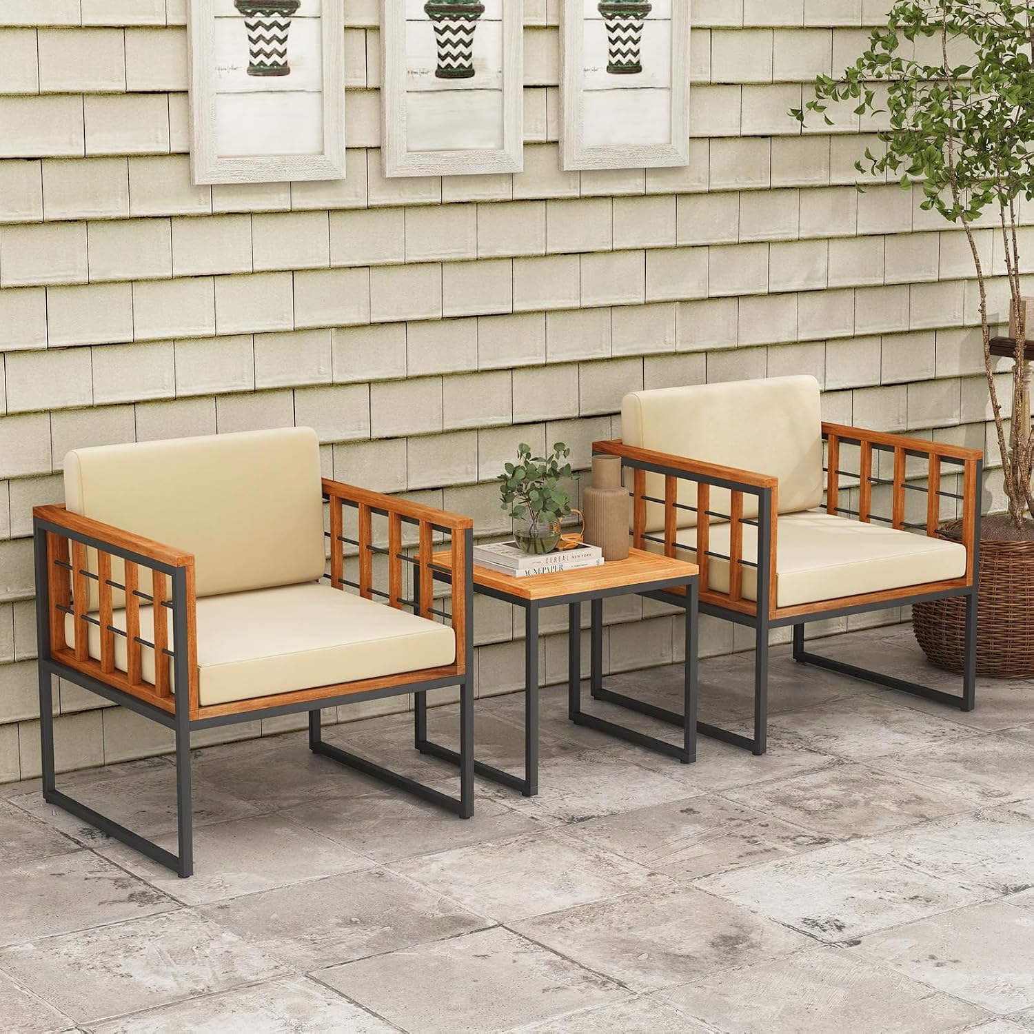 Tangkula 3 Pieces Patio Chair Set, Acacia Wood Outdoor Sofa Set with Metal Support, Soft Seat & Back Cushions Included, Cushioned Bistro Set for Balcony, Porch, Backyard (Beige)