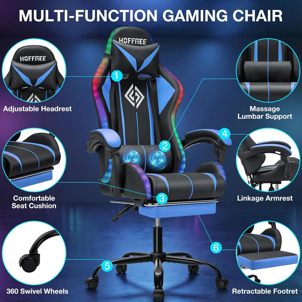 RGB Gaming Chair Massage with LED Lights and Ergonomic Computer Gaming Chair with Footrest High Back Video Game Chairs with Adjustable Lumbar Support Blue and Black