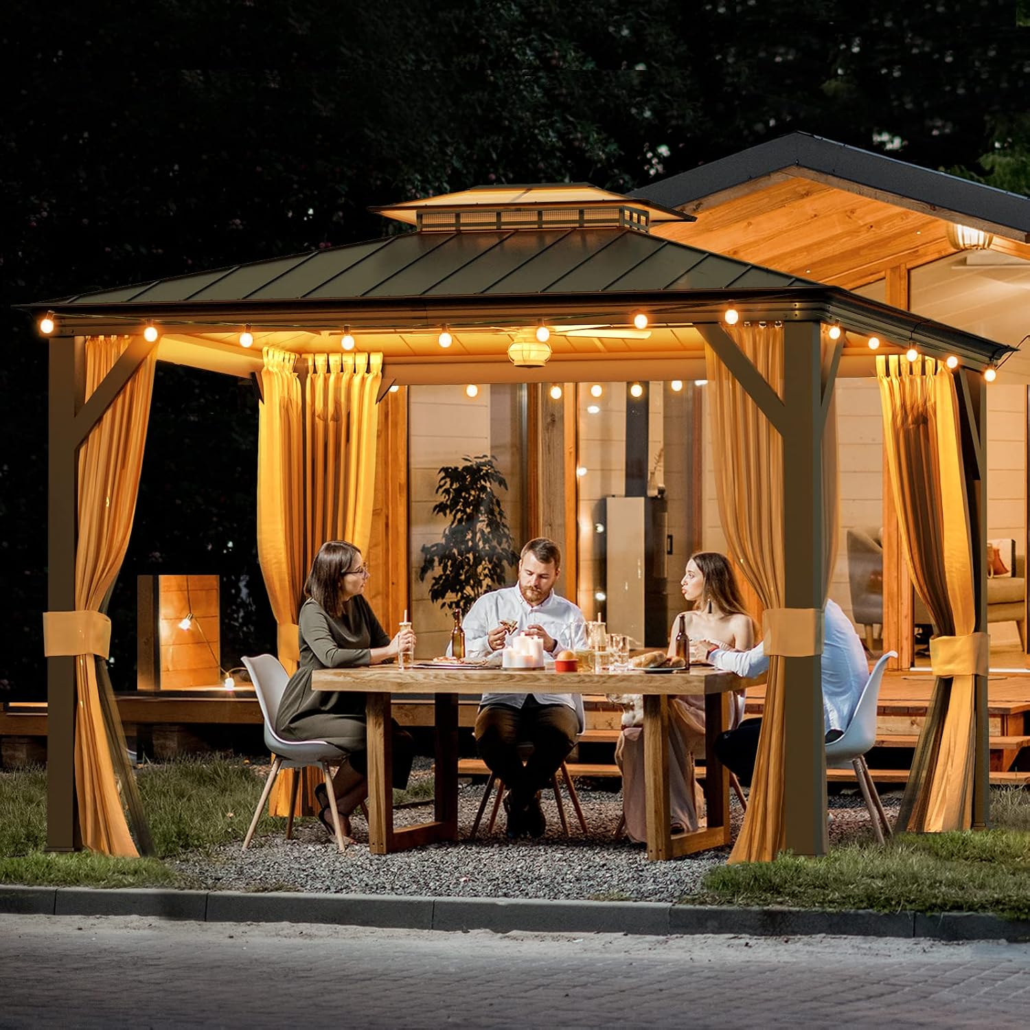 EROMMY 10'X12' Gazebo with Galvanized Steel and Acrylic Roof, Thickened Aluminum Frame Included, Outdoor Permanent Pavilion Gazebos with Curtains and Nettings for Patio, Backyard, Deck