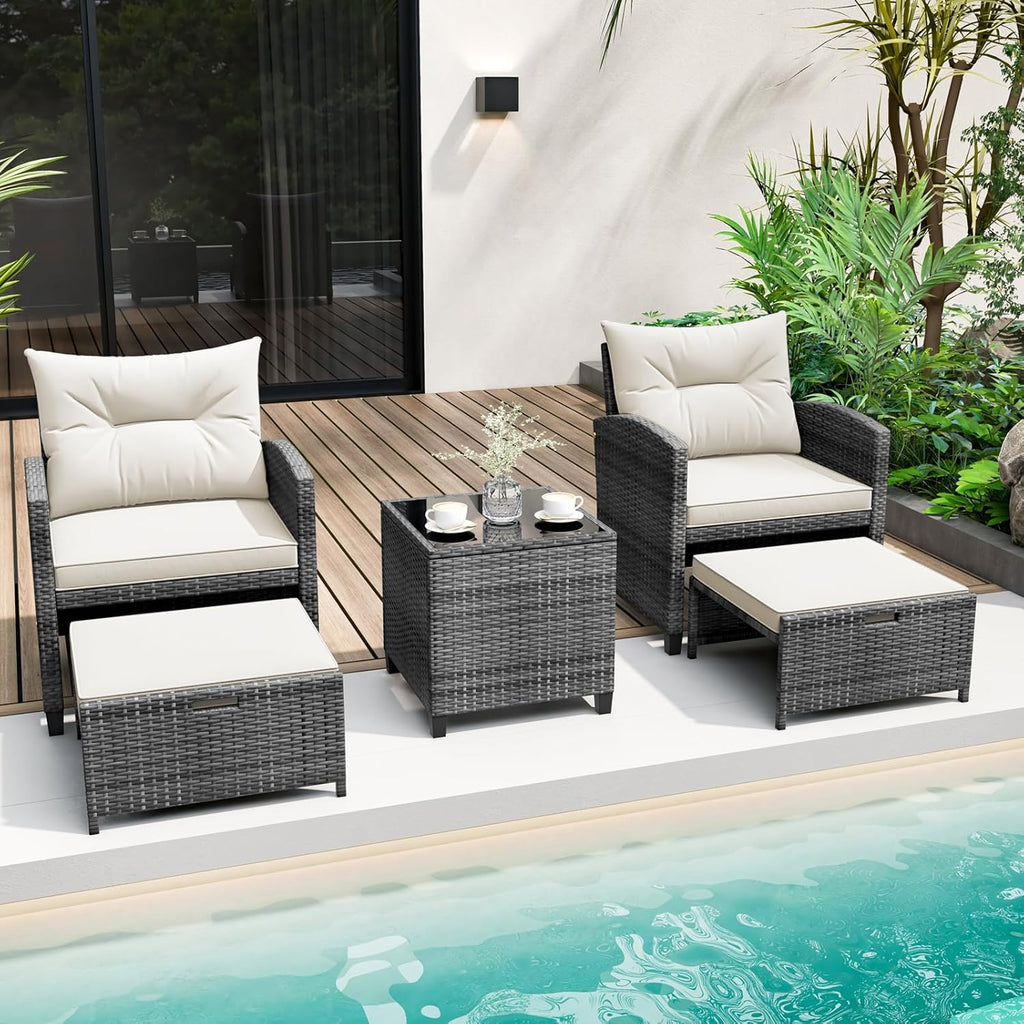 KOTEK 5 Pieces Patio Furniture Set with Ottomans, Wicker Patio Conversation Set with Coffee Table & Cushions, PE Rattan Outdoor Lounge Chairs for Backyard, Porch, Poolside (Mix Grey- Off White)