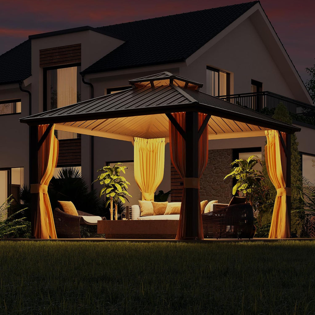 MELLCOM 10' x 10' Gazebo, Hardtop Double Roof Gazebo with Aluminum Frame, Galvanized Steel Outdoor Pavilion with Curtain and Netting for Patio, Garden, Lawn, Brown