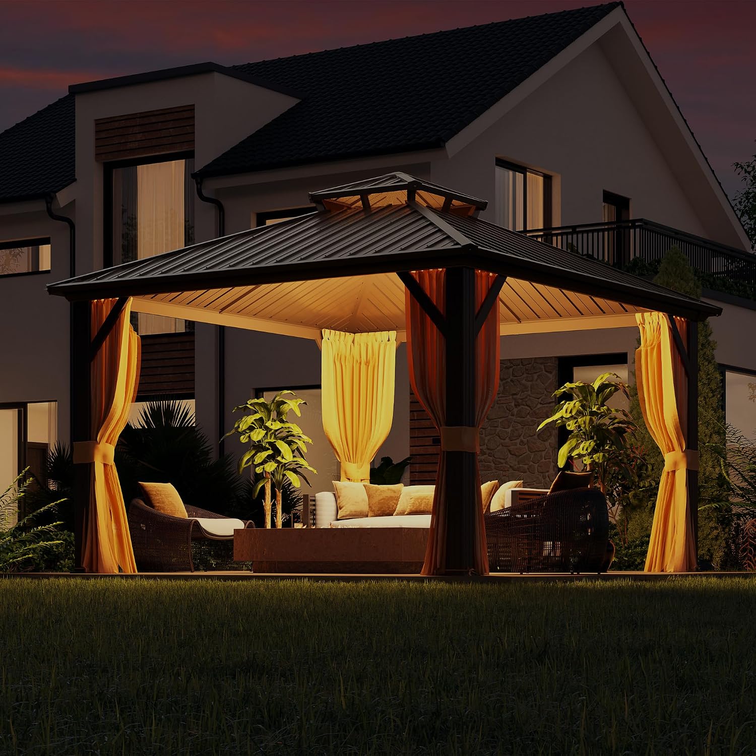 MELLCOM 10' x 10' Gazebo, Hardtop Double Roof Gazebo with Aluminum Frame, Galvanized Steel Outdoor Pavilion with Curtain and Netting for Patio, Garden, Lawn, Brown
