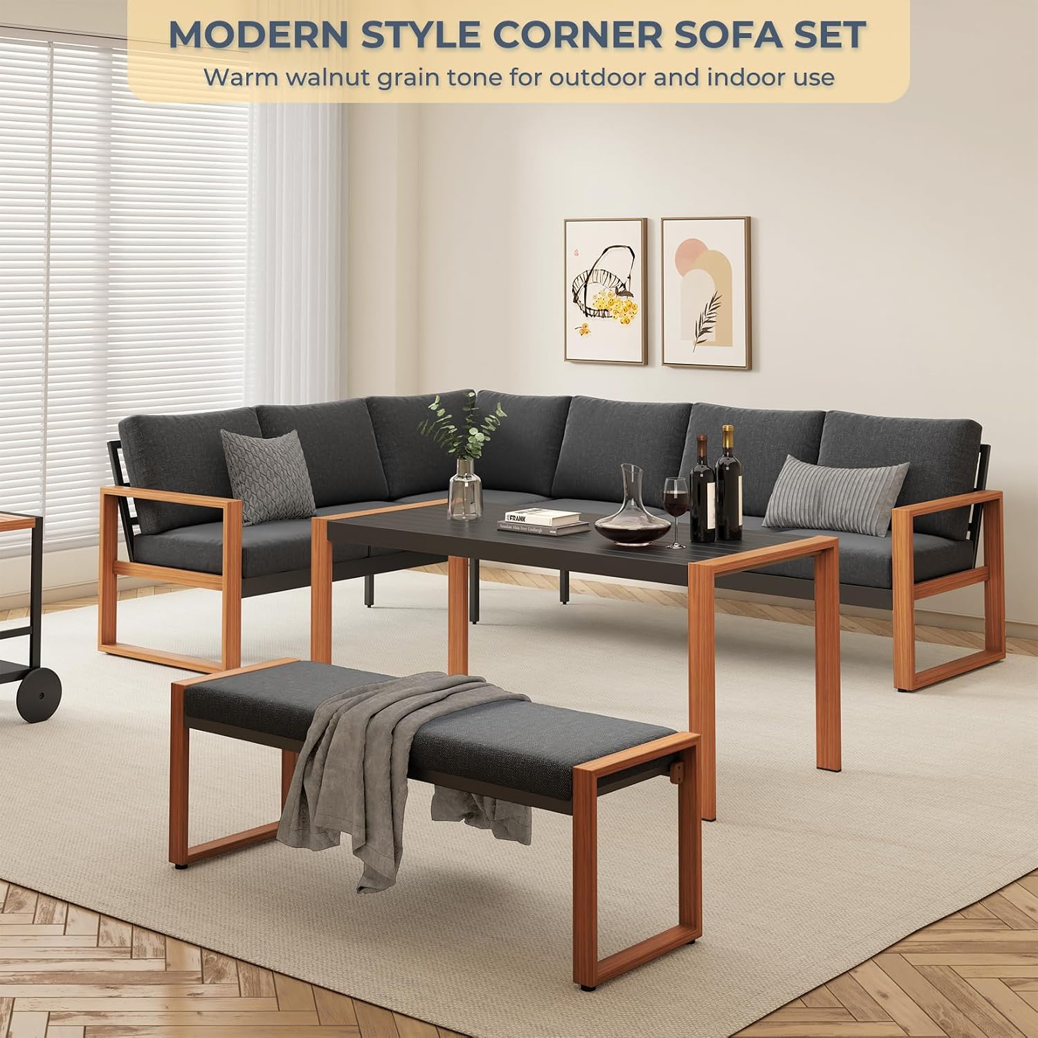 Grand patio Aluminum Patio Furniture Set, L Shaped Outdoor Sectional Sofa with Dining Table and Bench, Modern Outdoor Conversation Couch with Chaise, Faux Wood Grain Finish