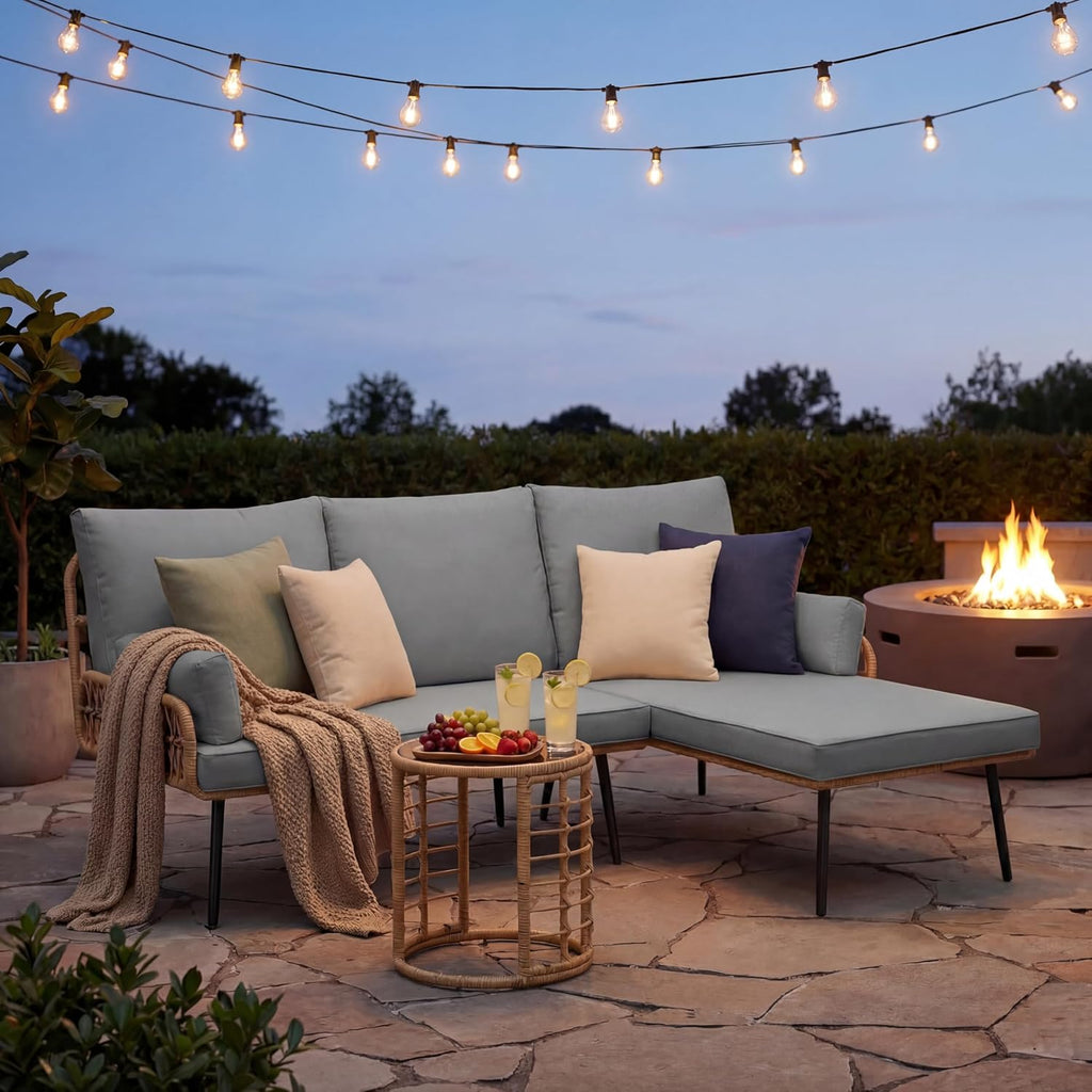 Gizoon 3-Piece Outdoor Patio Furniture Set, All-Weather PE Wicker L-Shaped Conversation Sofa with Thick Cushions & Glass Table, for Backyard, Porch, Balcony, Poolside (Grey)