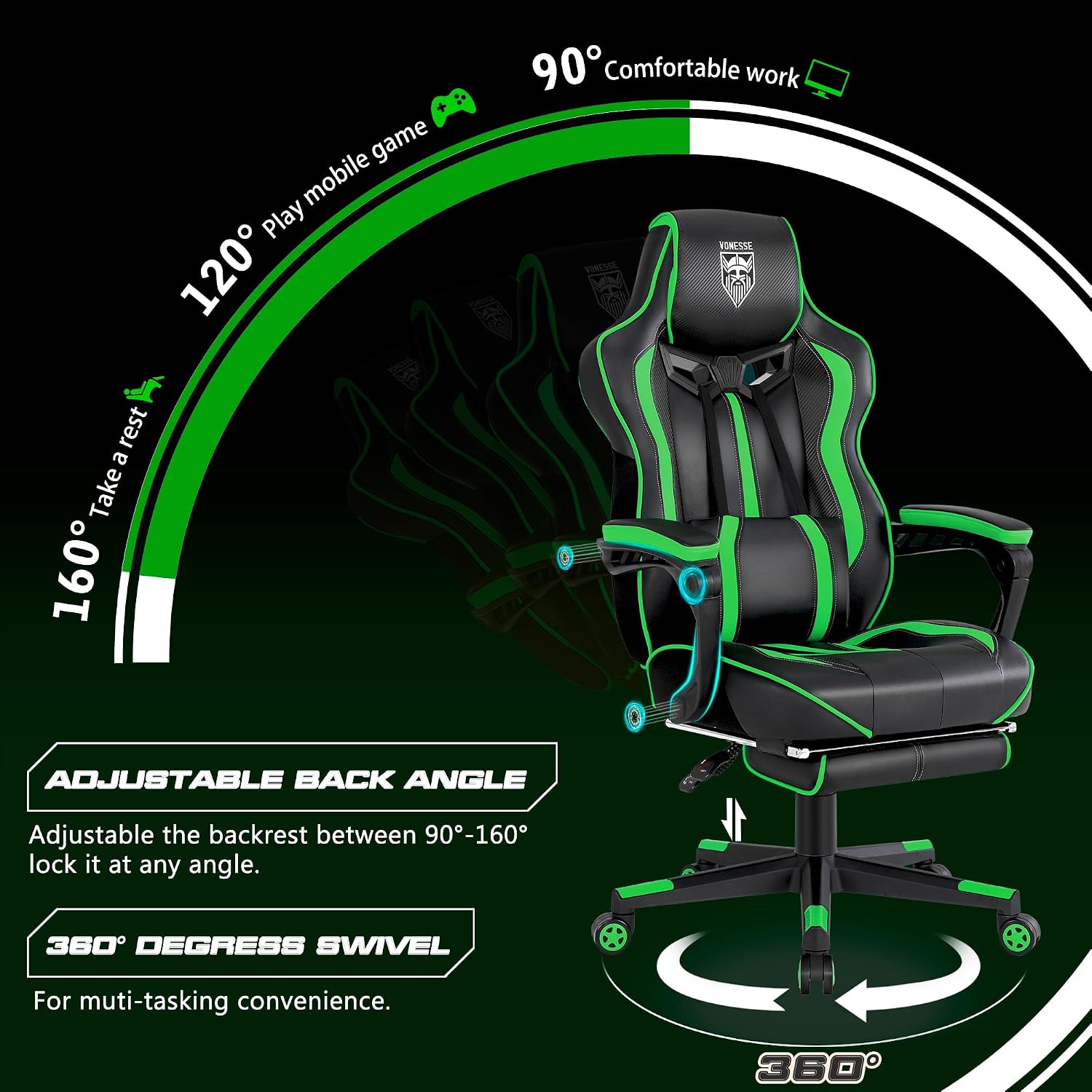 Vonesse Gaming Chair with Footrest, Big and Tall Gamer Chair with Massage, Reclining Computer Gaming Chair for Adults, Ergonomic Game Chair for Teens, High Back Video Game Chairs(Green/Black)