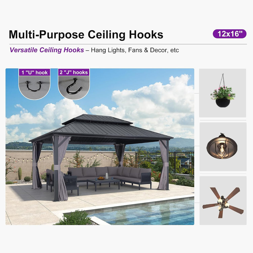 PURPLE LEAF 12' X 16' Permanent Hardtop Gazebo Outdoor Aluminum Gazebo with Heavy Duty Galvanized Steel Double Roof for Patio Lawn Garden Aluminum with Netting and Curtains Grey