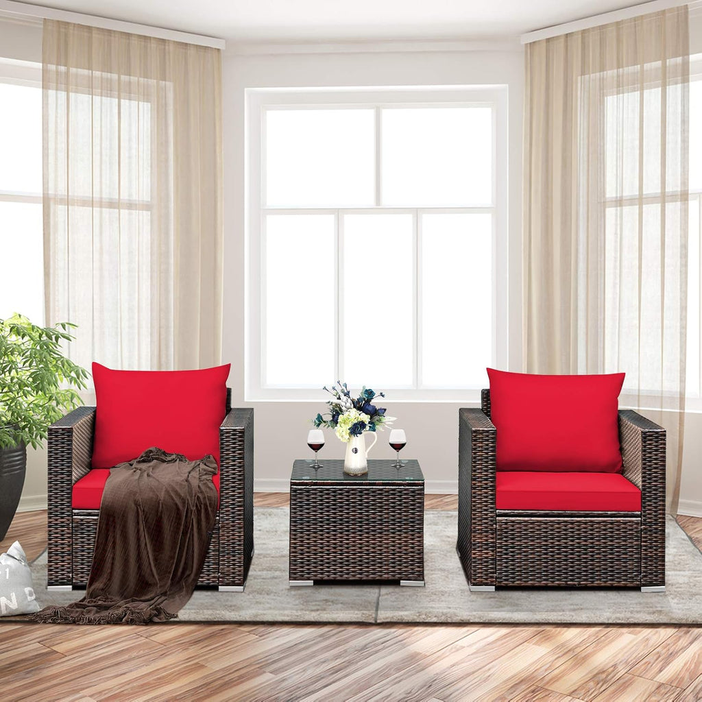 Tangkula 3 Pieces Patio Furniture Set, Outdoor Conversation Rattan Furniture Set w/Washable Cushion and Tempered Glass Tabletop, PE Rattan Wicker Sofa Set for Garden Poolside Balcony