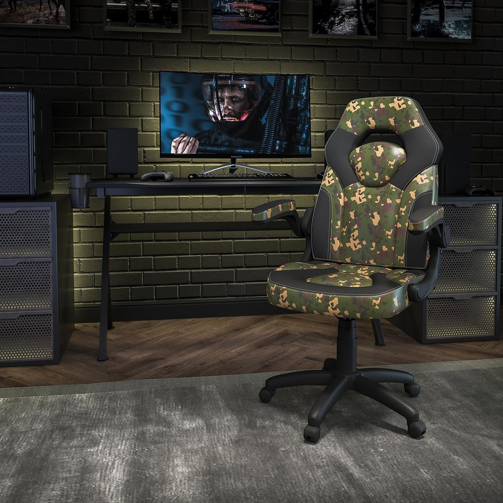 Flash Furniture X10 Gaming Chair Racing Office Ergonomic Computer PC Adjustable Swivel Chair with Flip-up Arms, Camouflage/Black LeatherSoft