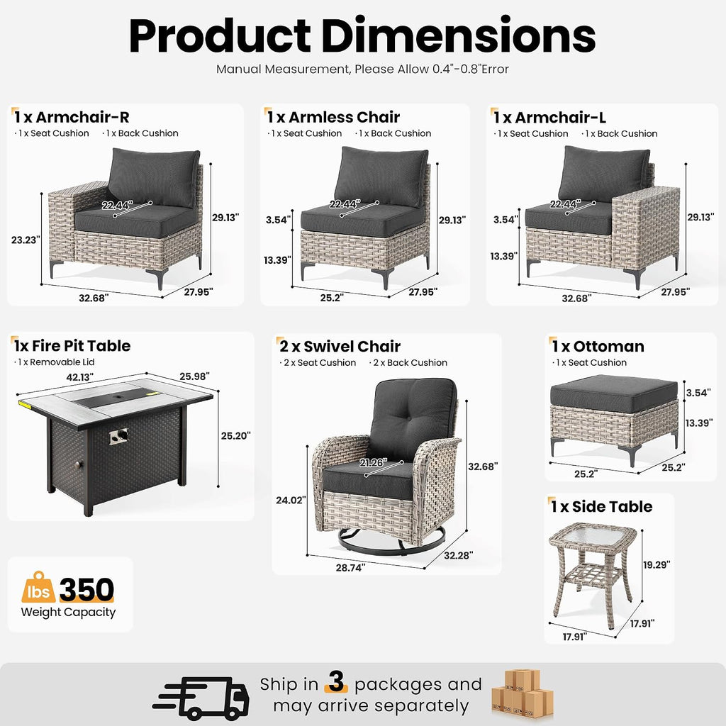 ovios 8-Piece Patio Furniture Set with L-Shape Sofa Chaise, Outdoor Sectional Couch Swivel Gliders Fire Pit Table, Modern Modular Wicker Rattan Conversation Set, Black