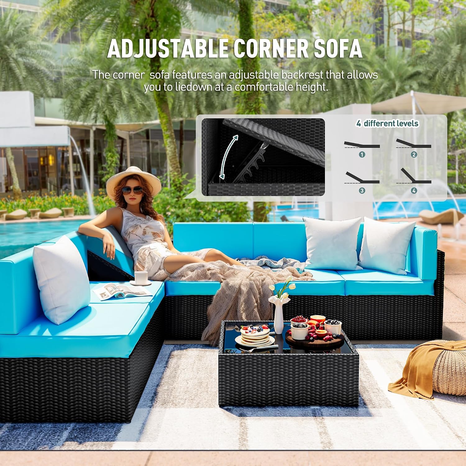 Pamapic Patio Furniture Set, 7 Pieces Modular Outdoor Sectional, Patio Sectional Sofa Conversation Set, Rattan Sofa with Coffee Table and Washable Cushions Covers, Black Rattan and Blue Cushions