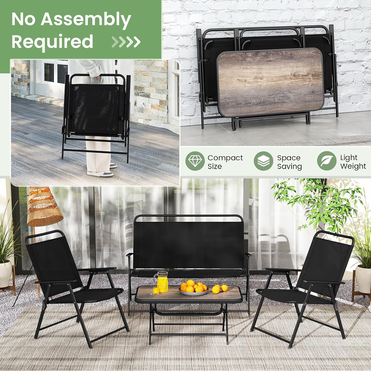 Tangkula 4 Piece Folding Patio Furniture Set, Metal Chair & Table Set with Breathable Fabric Seat, Outdoor Sectional Conversation Set with 2 Patio Chairs, Loveseat, Coffee Table for Yard Porch Deck