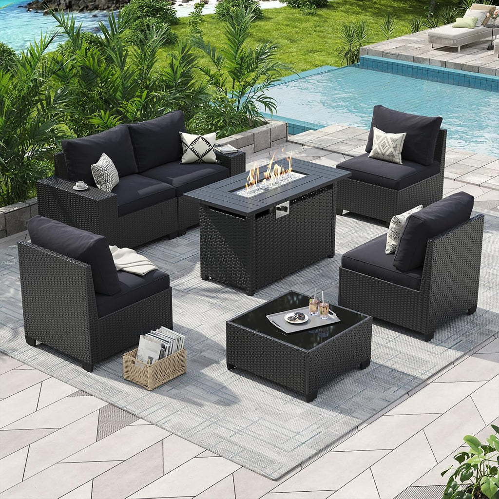 Aoxun Patio Furniture Set with 44'' Fire Pit Table, 7 Pcs Outdoor Patio Furniture Sets with 4in Thicken Cushion, Widen Armrests Wicker Outdoor Sectional for Backyard with Cover and Gas Converter