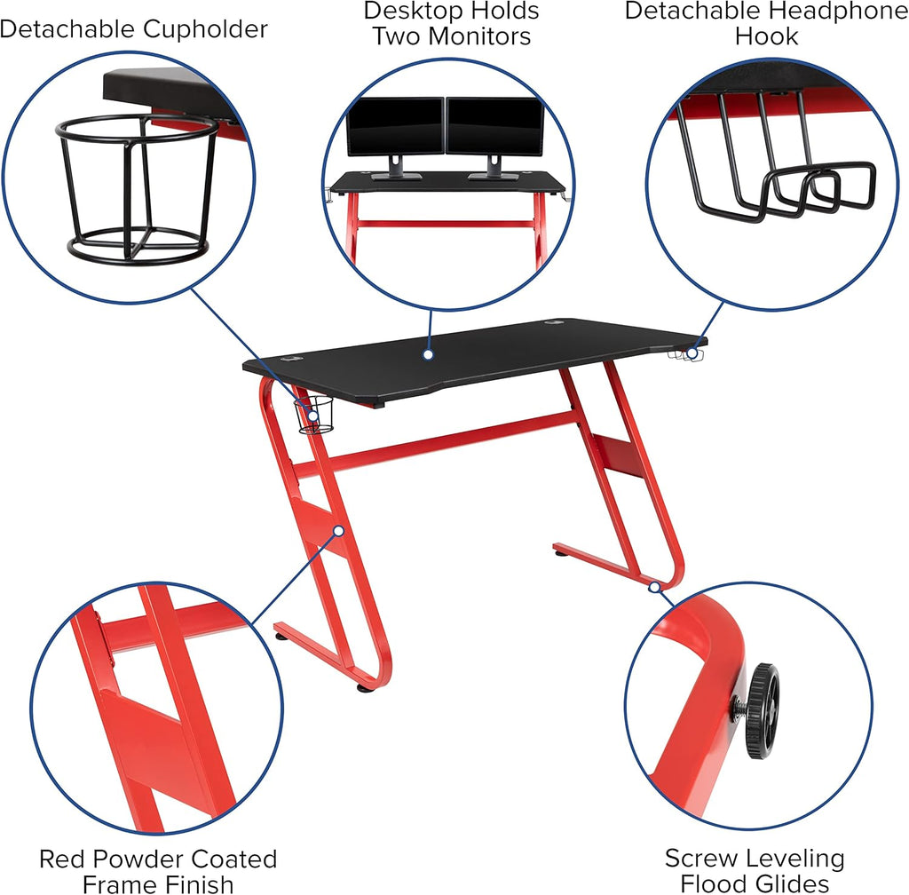 Flash Furniture Red Gaming Desk with Cup Holder/Headphone Hook & Gray Reclining Gaming Chair with Footrest