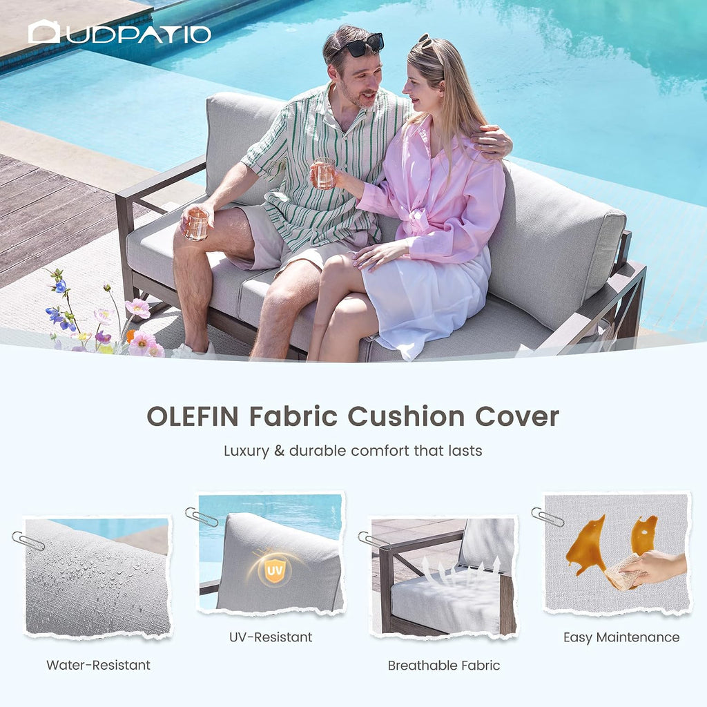 UDPATIO Aluminum Patio Furniture Set, Faux Wood Grain Modern Outdoor Furniture, 6' Cushions Metal Patio Conversation Sofa with Coffee Table for Poolside Deck, 5 PCS, Beige(Include 600D Covers)