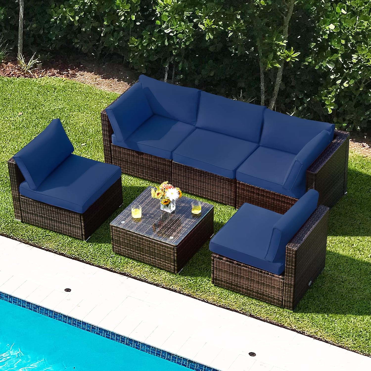 COSTWAY 6-Piece Outdoor Patio Furniture Set, Rattan Sectional Sofa Set with Tempered Glass Coffee Table and Cushions for Garden, Deck, Backyard (Navy)