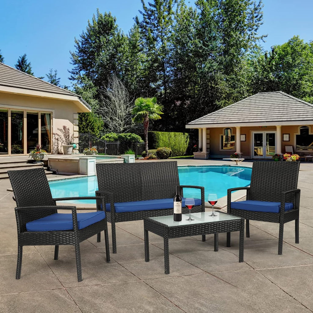 PAOLFOX4 Piece Outdoor Patio Furniture Set, Rattan Patio Conversation Set with Table,Modern Wicker Chairs and Table Sets,Outdoor Furniture for Porch, Garden, Lawn, Blue