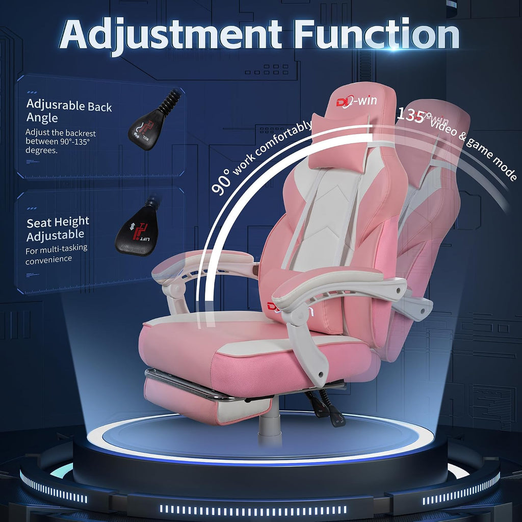 DL-win Video Gaming Chairs for Adults, Gamer Chair with Footrest, High Back, Big and Tall Gamer Chair's with Massage Lumbar Support, 360° Swivel Height Adjustable Computer Chaires, Pink