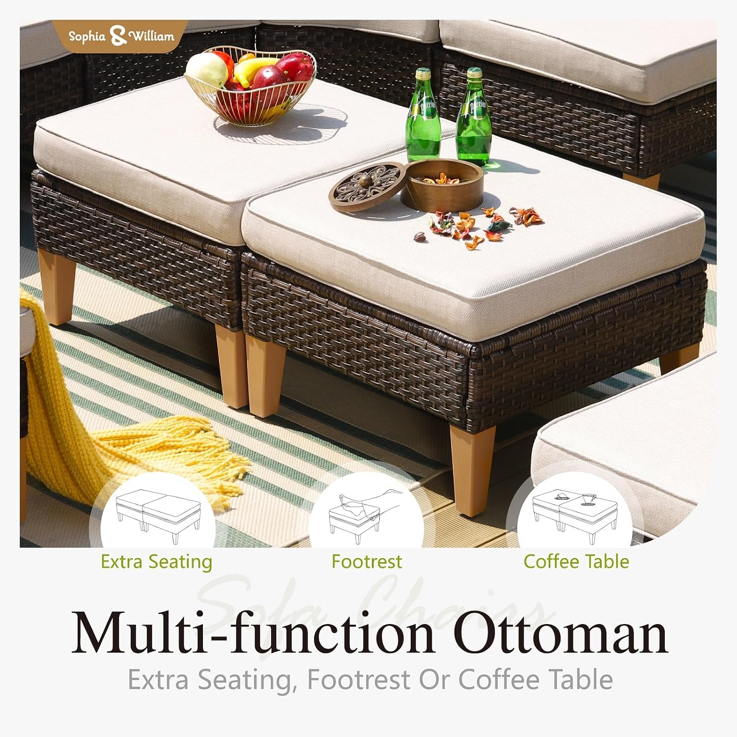 Sophia & William 7 Piece Patio Furniture Sets, Sectional Outdoor Rattan Wicker Sofa, All Weather Patio Conversation Set for Deck Backyard Lawn, Outdoor Couch, Beige