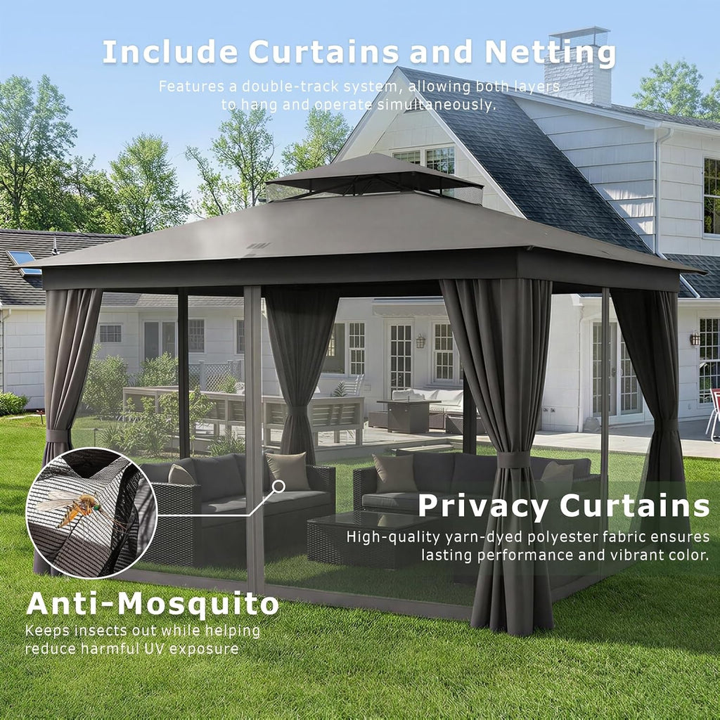 10'x12' Outdoor Gazebo, Heavy Duty Metal Frame Patio Gazebo Canopy with Waterproof Double Roofs, Tent Shelter with UPF50+ Protection, Mosquito Netting and Privacy Screens for Backyard, Garden, Lawn