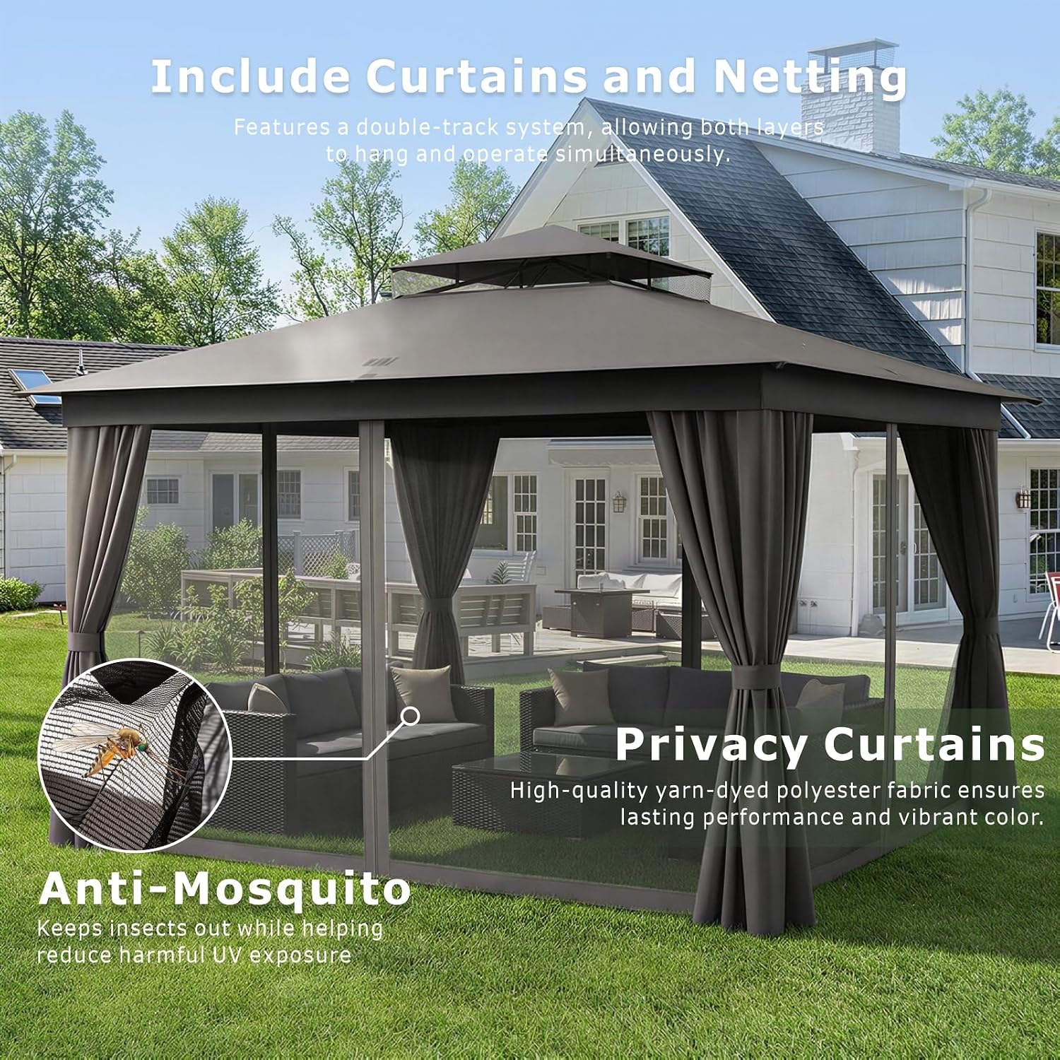 10'x12' Outdoor Gazebo, Heavy Duty Metal Frame Patio Gazebo Canopy with Waterproof Double Roofs, Tent Shelter with UPF50+ Protection, Mosquito Netting and Privacy Screens for Backyard, Garden, Lawn
