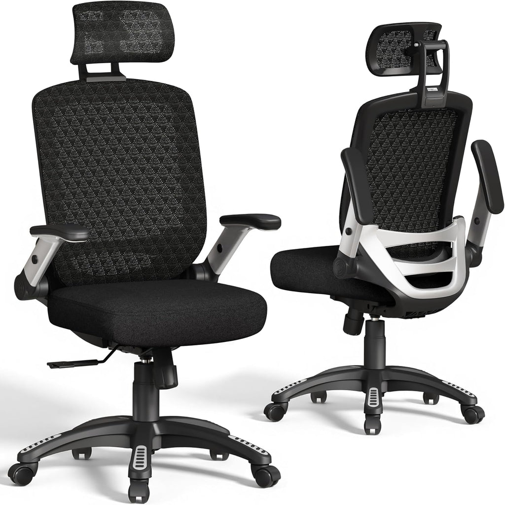 GABRYLLY Ergonomic Office Chair, High Back Home Desk Chair with Flip-Up Arms, 3D Headrest, Thick Sponge Seat &90-120° Recline, Big and Tall Mesh Executive Chairs for Man Woman, Midnight-Cloud