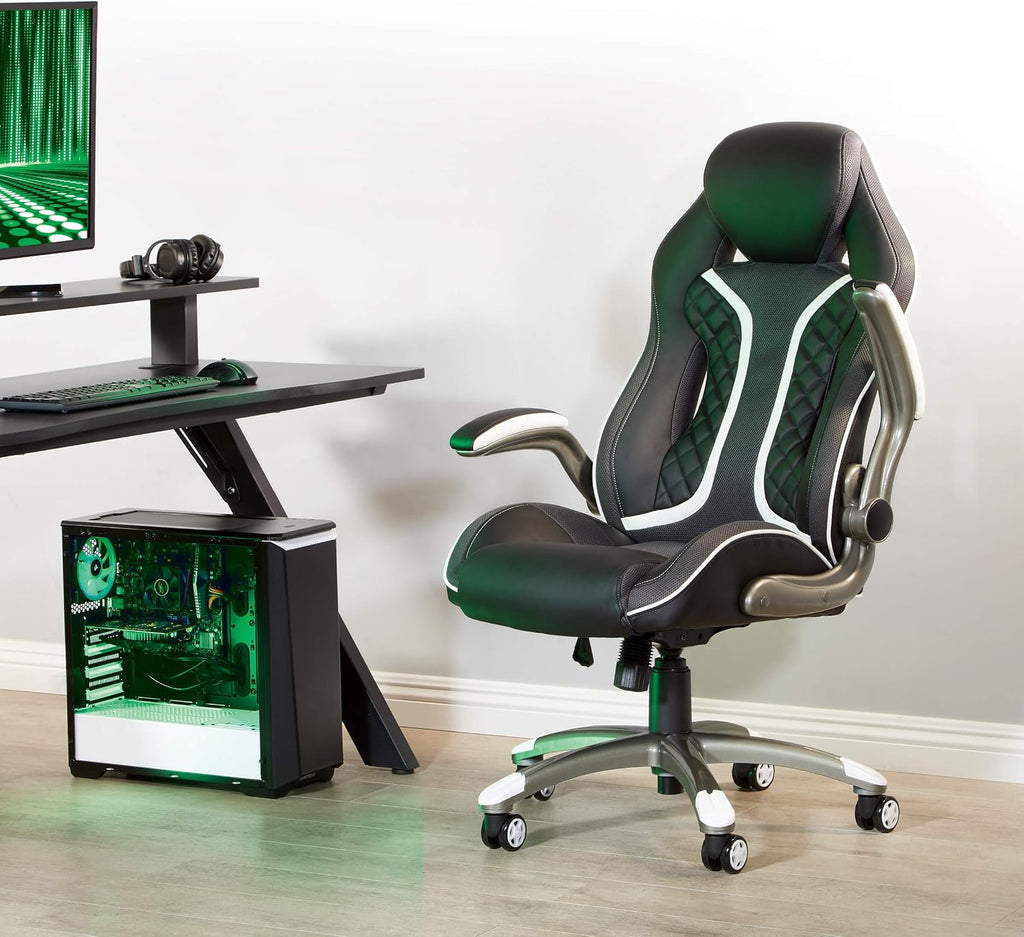 OSP Home Furnishings Xplorer 51 Ergonomic Adjustable High Back Gaming Chair with Lumbar Support and Padded Flip Arms, Black Faux Leather with White Trim