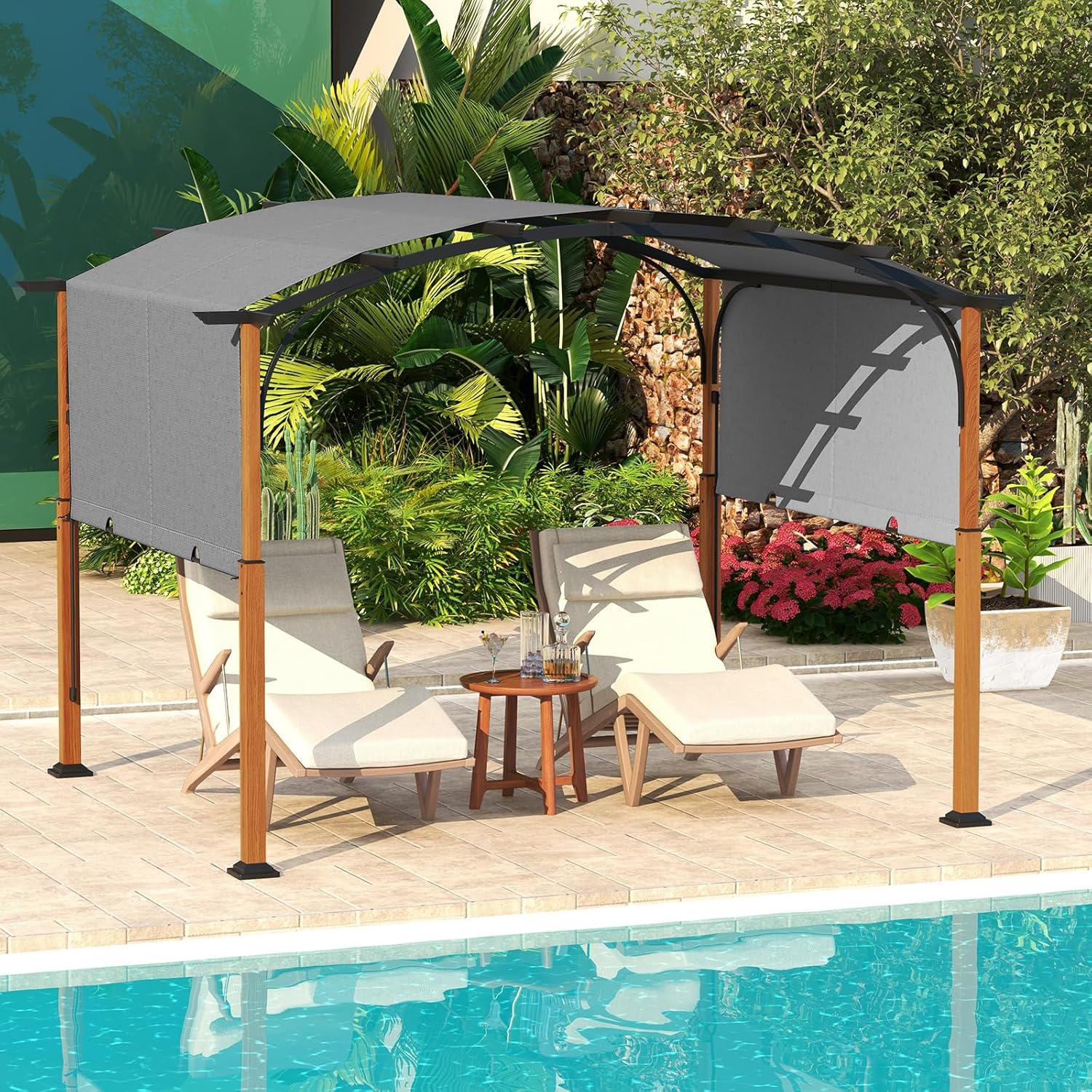 Tangkula 10x12Ft Pergola, Arched,with Retractable Sun Shade Canopy, Extra Large Patio Shelter Pavilion, Outdoor Pergola for Deck, Porch, Garden, Yard (Grey)