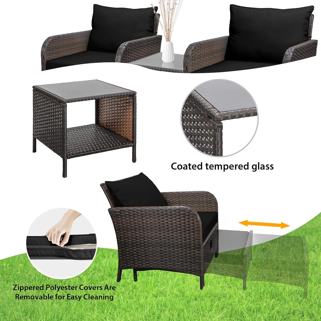 LEVELEVE Balcony Furniture 5 Piece Patio Conversation Set, PE Wicker Rattan Outdoor Lounge Chairs with Soft Cushions 2 Ottoman&Glass Table for Porch, Lawn-Brown Wicker（Black
