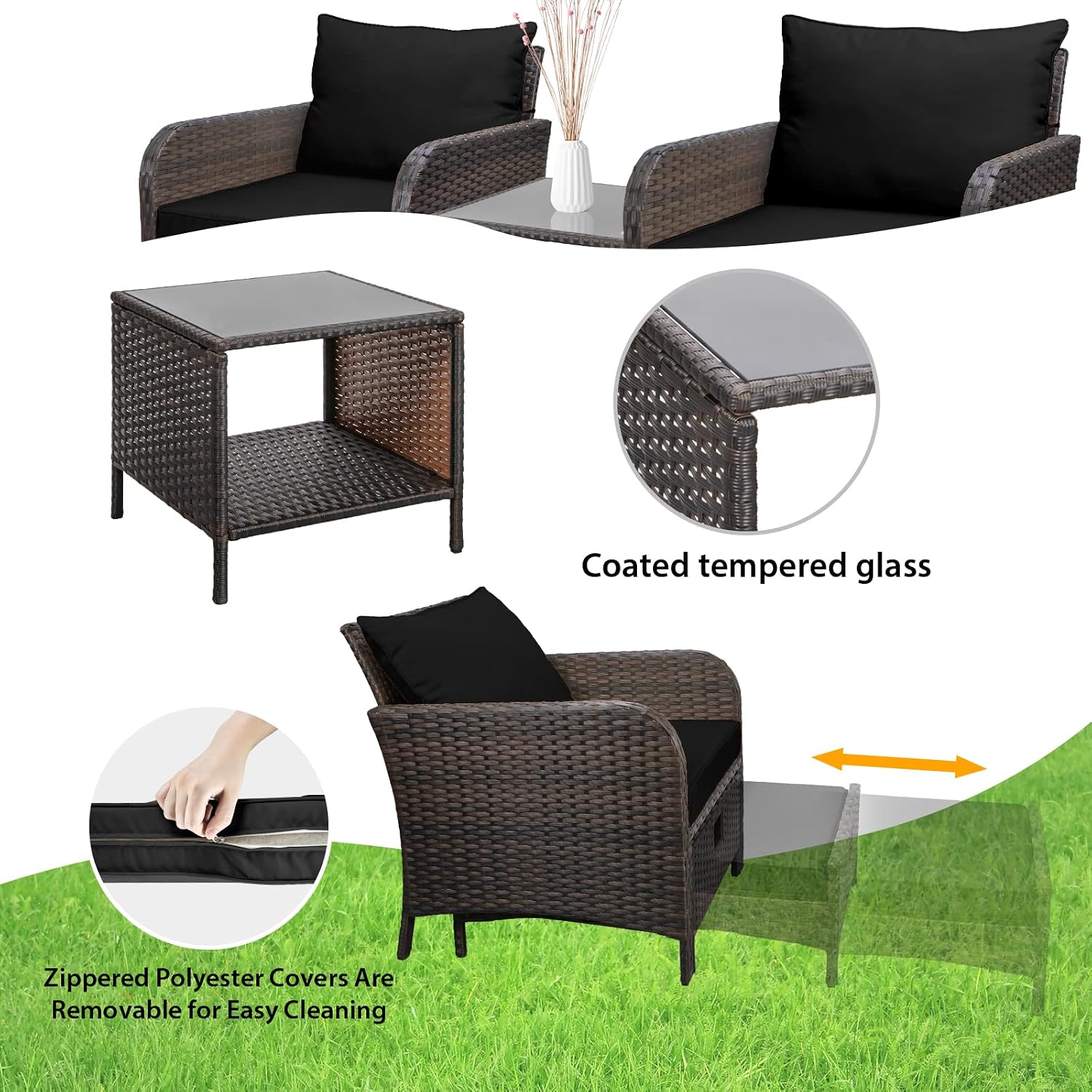 LEVELEVE Balcony Furniture 5 Piece Patio Conversation Set, PE Wicker Rattan Outdoor Lounge Chairs with Soft Cushions 2 Ottoman&Glass Table for Porch, Lawn-Brown Wicker（Black