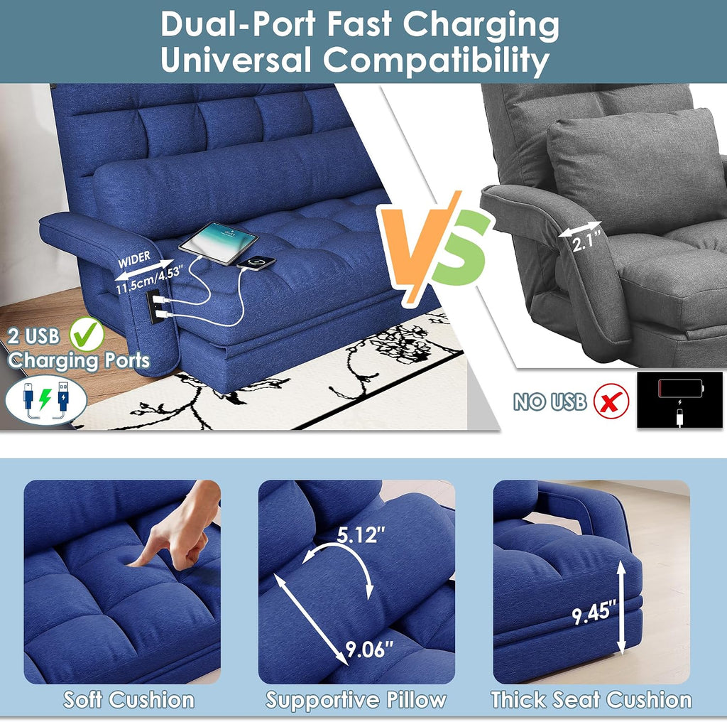 STHOUYN Comfy Bedroom Chair with 2 USB Charging Ports, 5-Position Floor Couch Gaming Chairs for Adults, Lounge Chair Indoor Folding Lazy Sofa Meditation Arm Dorm Chair Living Room (Navy Blue)