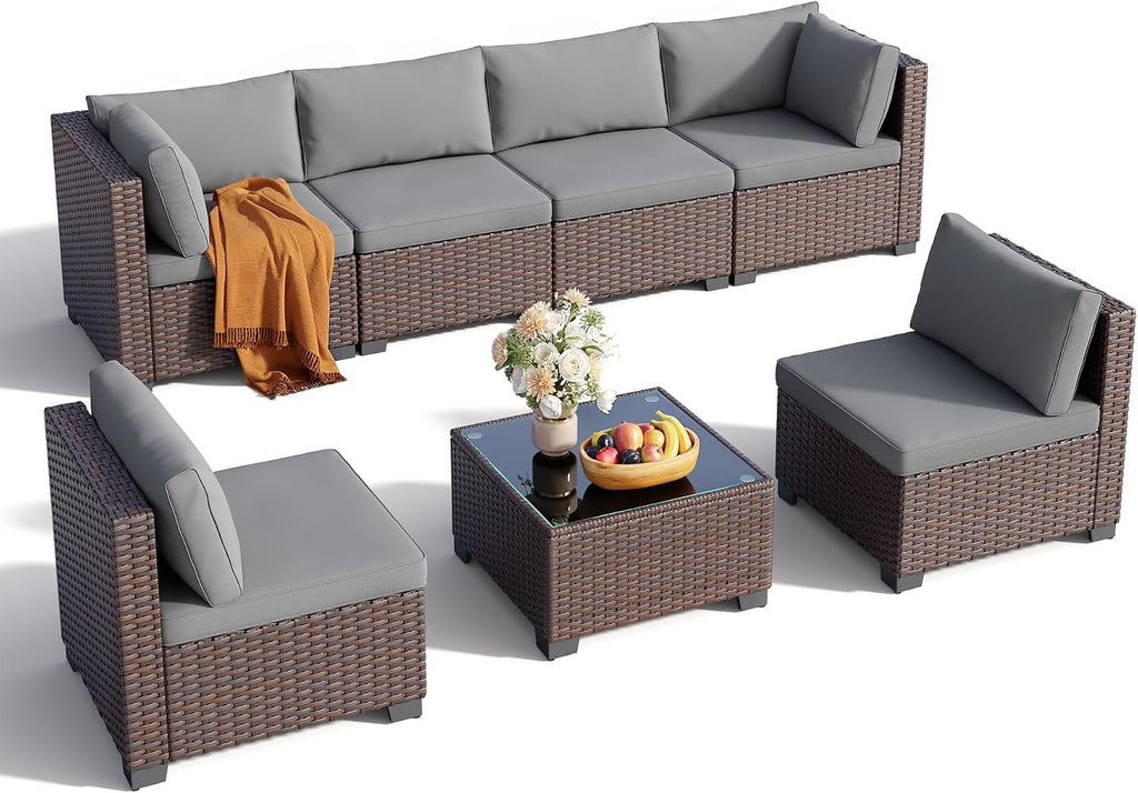 Qsun 7 Pieces Outdoor Patio Furniture Set, PE Rattan Outdoor Wicker Sectional Furniture Sofa Set, with Cushions and Glass Coffee Table, for Balcony, Porch, Garden, Grey
