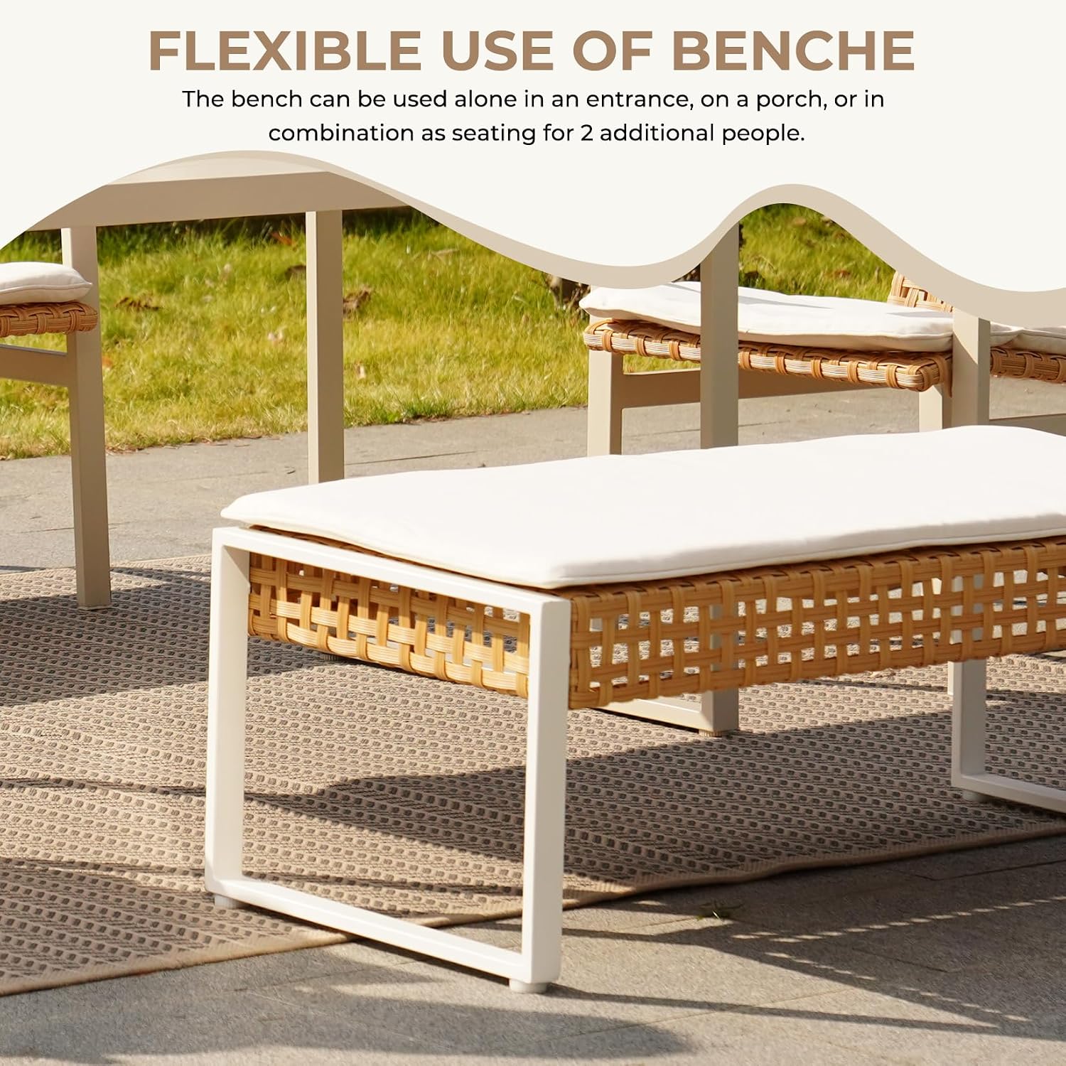 Grand patio 5-piece Outdoor Dining Set, Wicker Patio Dining Table Set for 6 with Seat Cushion, Modern Metal Outdoor Furniture Loveseat Chairs Bench Set for Backyard Garden Deck