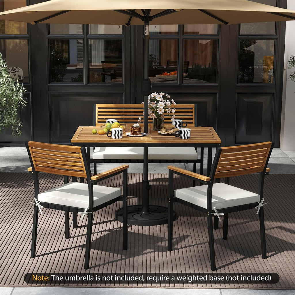 Tangkula 4 Piece Patio Dining Furniture Set, Outdoor Dining Chair Set for 4 w/Acacia Wood & Metal Frame, Umbrella Hole, 1 Table, 2 Armchairs, 1 Bench for Lawn, Garden, Backyard, Porch