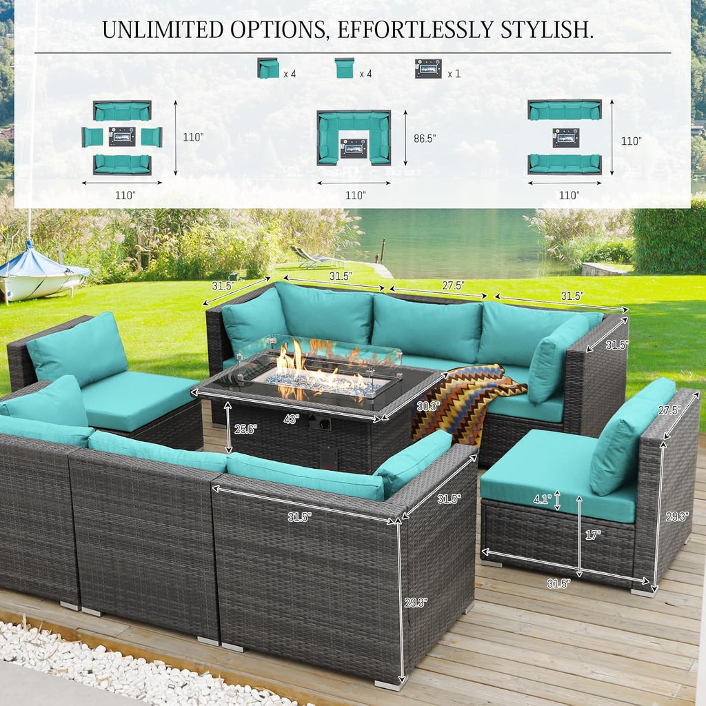 BULEXYARD 9 Piece High Back Outdoor Sectional Seating with Fire Pit Table, Heavy Duty Sturdy Wicker Patio Set Conversation Couch Sofa, Extra Wide Deep Large 8-Person Deck Furniture Set, Grey & Teal