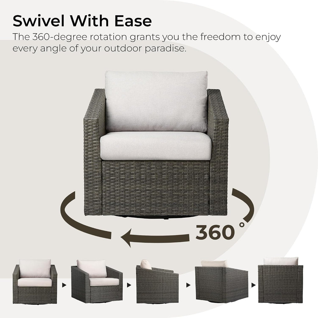 CHITA Patio Wicker Chair, 360° Swivel Outdoor Rattan Chair with Thickened Cushions for Backyard, Poolside, Garden or Porch, Beige Cushions with Grey Wicker