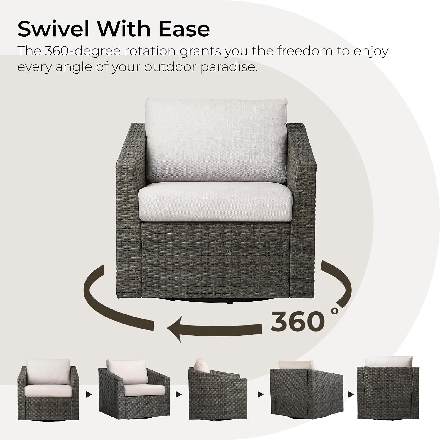 CHITA Patio Wicker Chair, 360° Swivel Outdoor Rattan Chair with Thickened Cushions for Backyard, Poolside, Garden or Porch, Beige Cushions with Grey Wicker